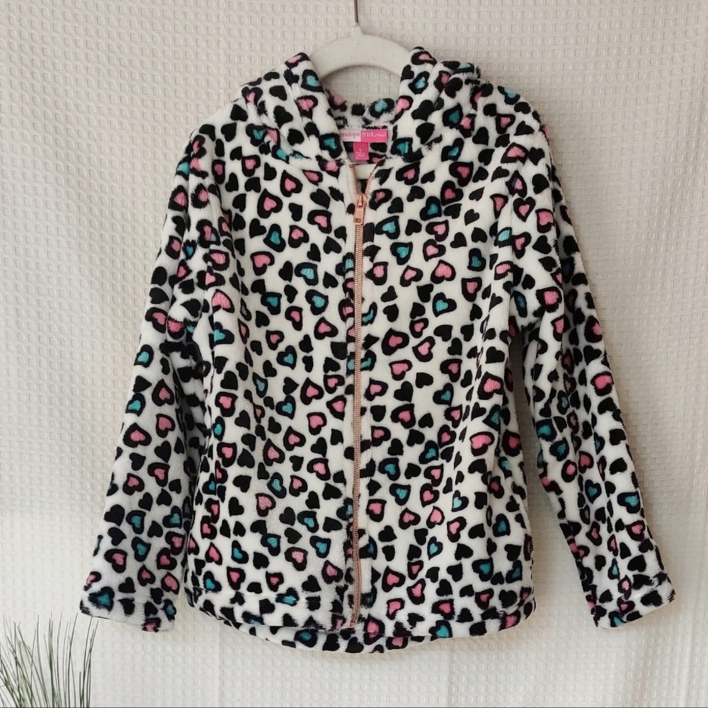 Penelope Mack White Hooded Fleece Zipper Jacket with Hearts Print Size 6